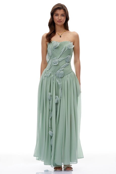 Aurora Maxi Dress Green Ruched with 3D Florals