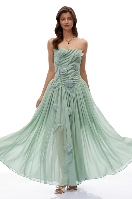 Aurora Maxi Dress Green Ruched with 3D Florals