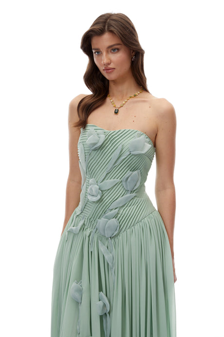 Aurora Maxi Dress Green Ruched with 3D Florals