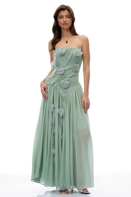 Aurora Maxi Dress Green Ruched with 3D Florals