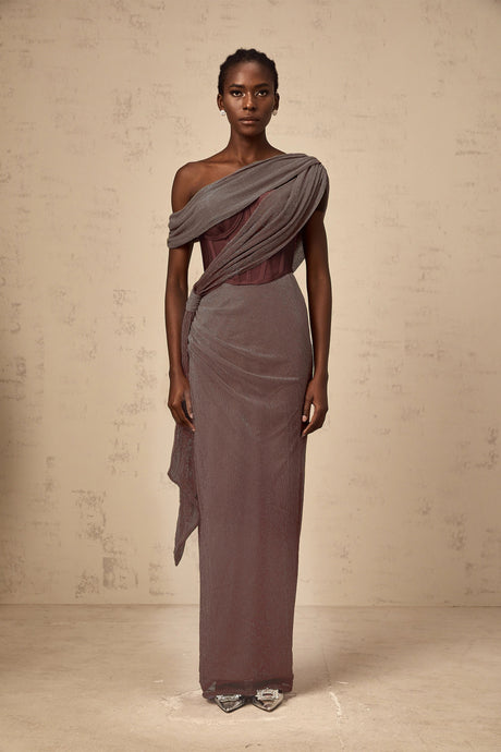 Ivana maxi dress ribbon-design corset in Brown