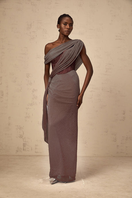 Ivana maxi dress ribbon-design corset in Brown
