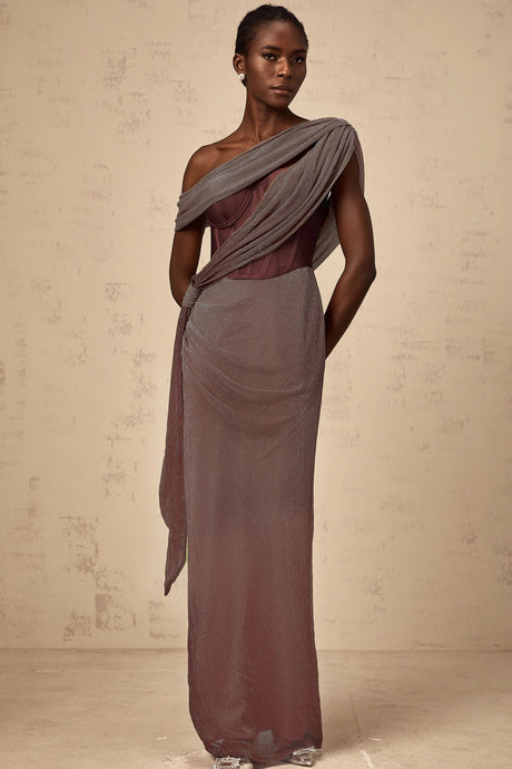 Ivana maxi dress ribbon-design corset in Brown