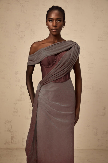 Ivana maxi dress ribbon-design corset in Brown