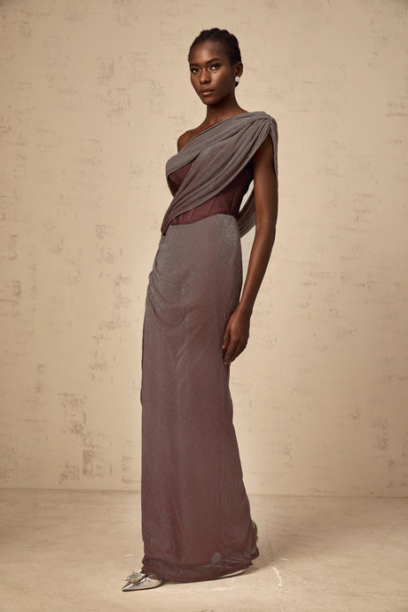 Ivana maxi dress ribbon-design corset in Brown
