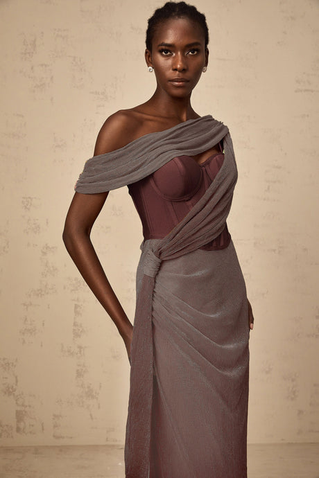 Ivana maxi dress ribbon-design corset in Brown