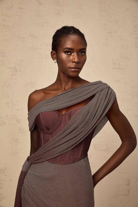 Ivana maxi dress ribbon-design corset in Brown