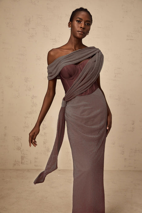 Ivana maxi dress ribbon-design corset in Brown