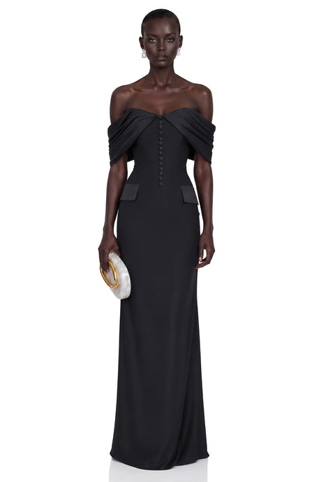 Biancamaria Maxi Dress Black Off Shoulder with Button Detail