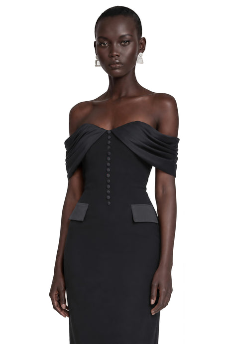 Biancamaria Maxi Dress Black Off Shoulder with Button Detail