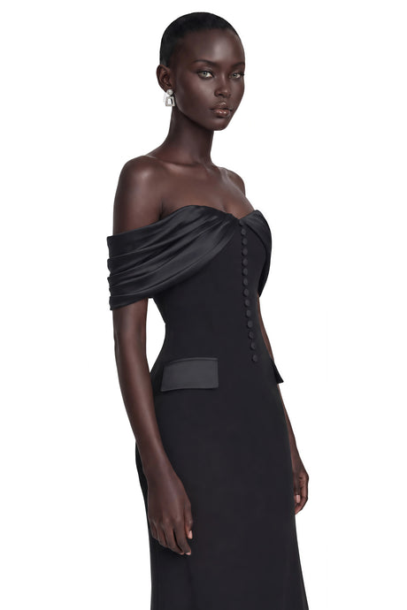 Biancamaria Maxi Dress Black Off Shoulder with Button Detail