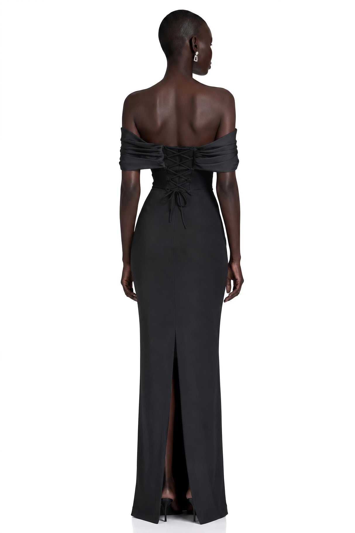 Demetria Black Off Shoulder Maxi Dress with Button Detail