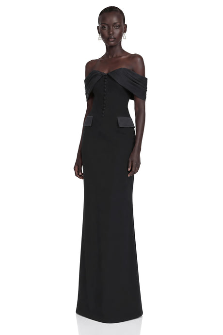 Biancamaria Maxi Dress Black Off Shoulder with Button Detail