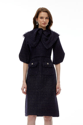 Demetria Blue Tweed Midi Dress with Bow