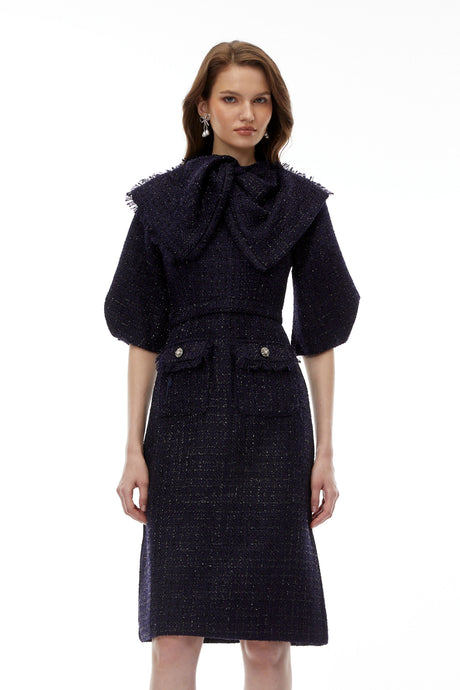 Daisy Midi Dress Blue Tweed with Bow