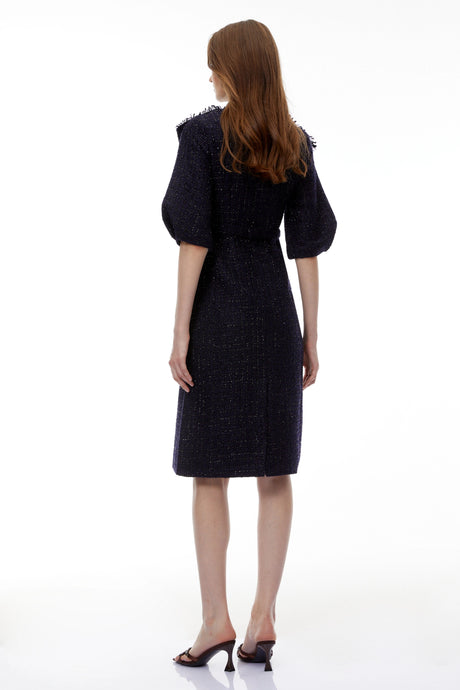 Daisy Midi Dress Blue Tweed with Bow