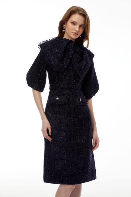 Daisy Midi Dress Blue Tweed with Bow
