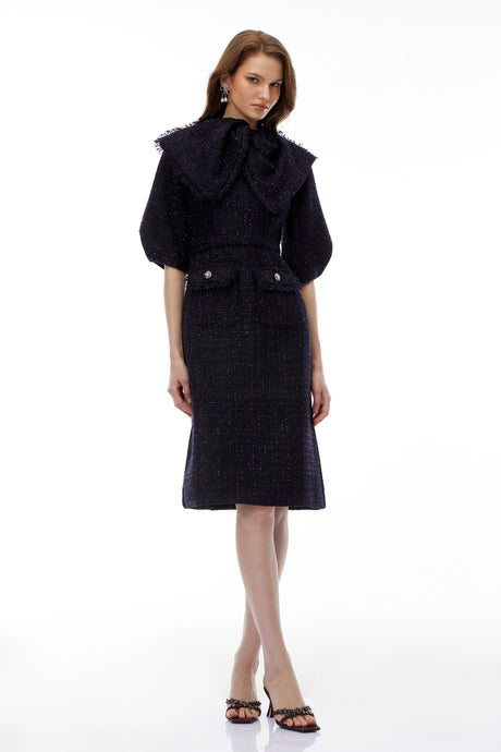 Daisy Midi Dress Blue Tweed with Bow