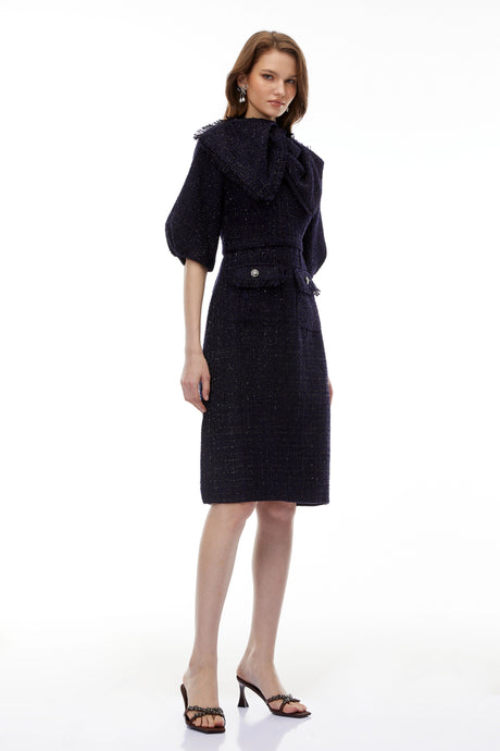 Daisy Midi Dress Blue Tweed with Bow