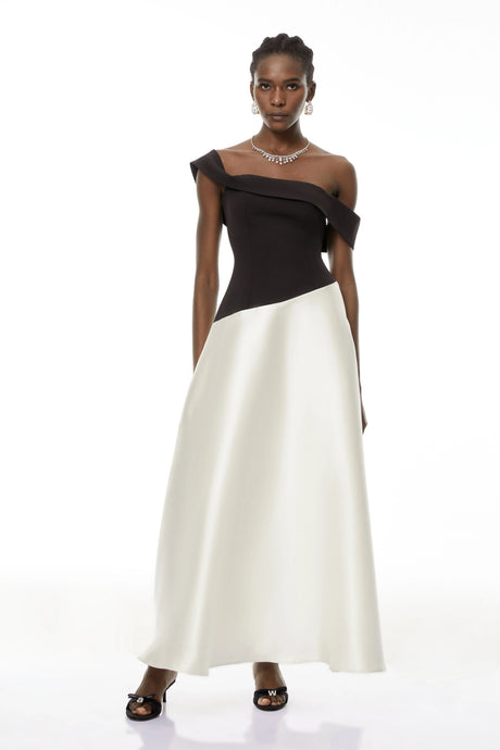 Denisa Maxi Dress Black Color Blocked Satin