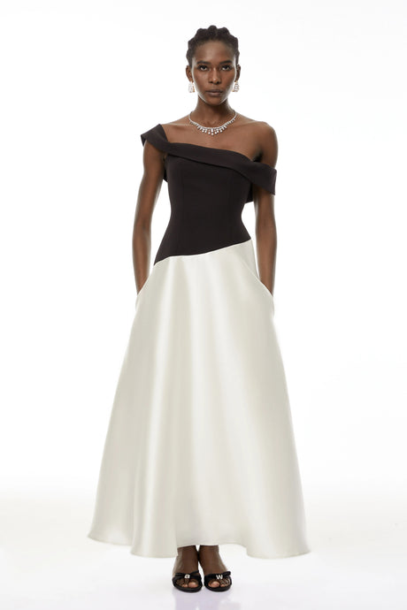 Denisa Maxi Dress Black Color Blocked Satin