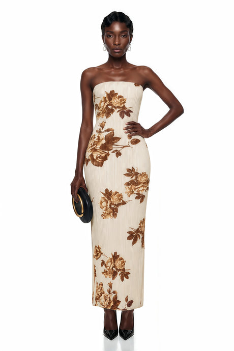 Sabina Midi Dress Cream Floral Pleated