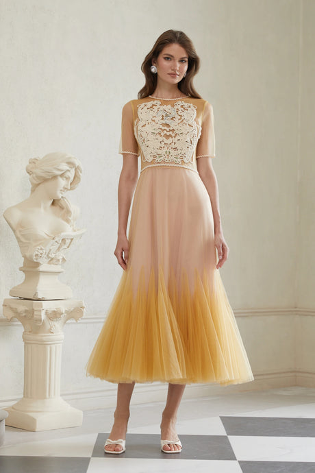Ashley Midi Dress Yellow Floral Braided Tulle