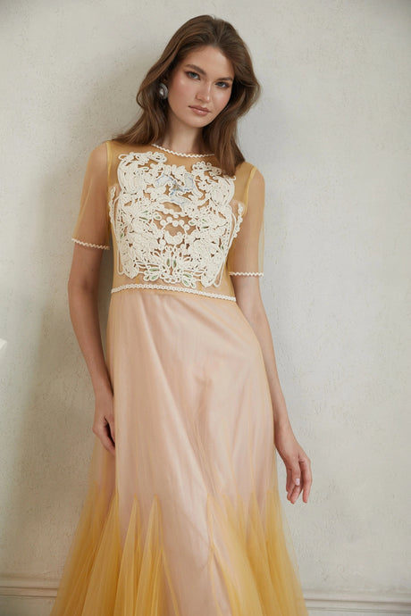 Ashley Midi Dress Yellow Floral Braided Tulle
