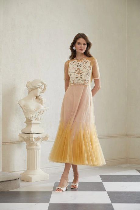 Ashley Midi Dress Yellow Floral Braided Tulle