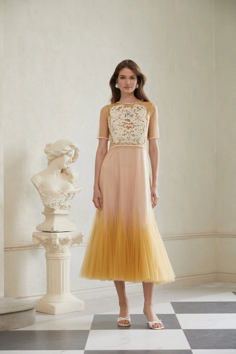 Ashley Midi Dress Yellow Floral Braided Tulle