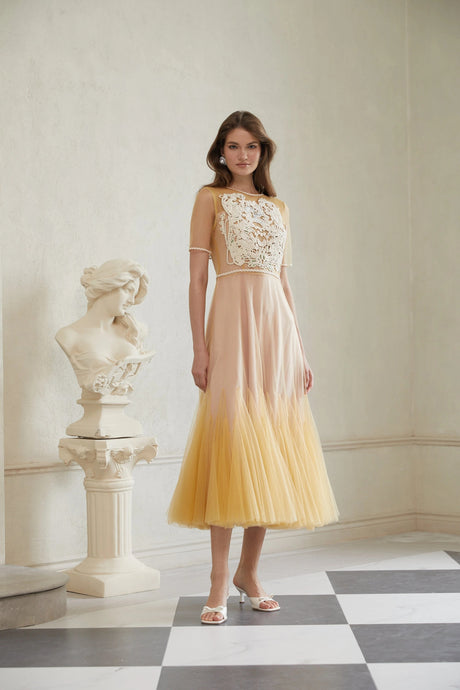 Ashley Midi Dress Yellow Floral Braided Tulle