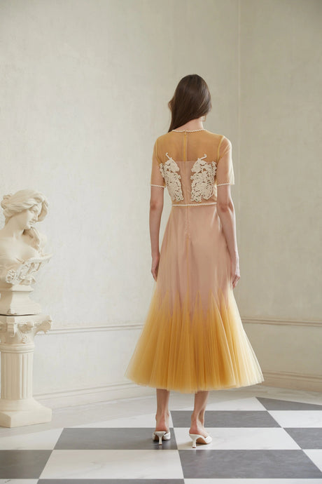 Ashley Midi Dress Yellow Floral Braided Tulle