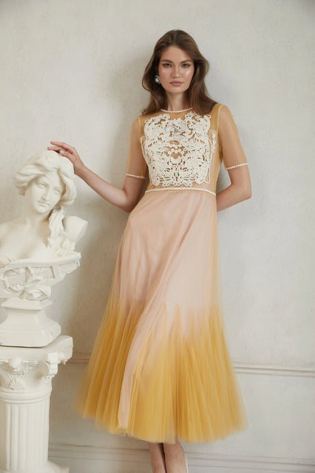 Ashley Midi Dress Yellow Floral Braided Tulle