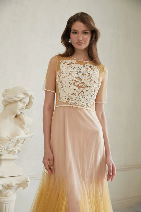Ashley Midi Dress Yellow Floral Braided Tulle