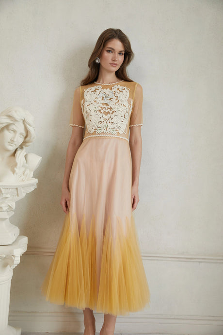 Ashley Midi Dress Yellow Floral Braided Tulle