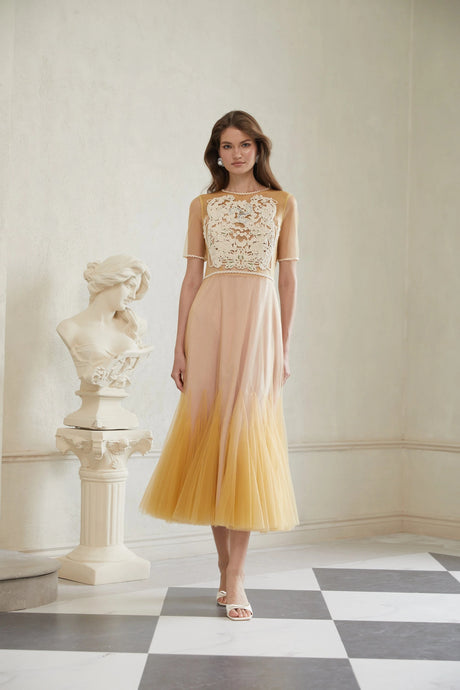 Ashley Midi Dress Yellow Floral Braided Tulle