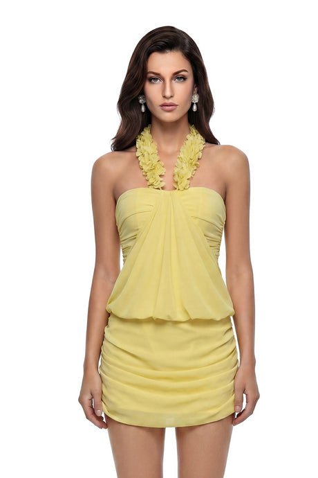 Guenda Mini Dress Yellow Off Shoulder Ruched