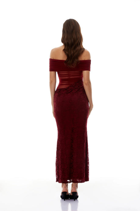 Ornella Midi Dress Red Lace Panel Mesh