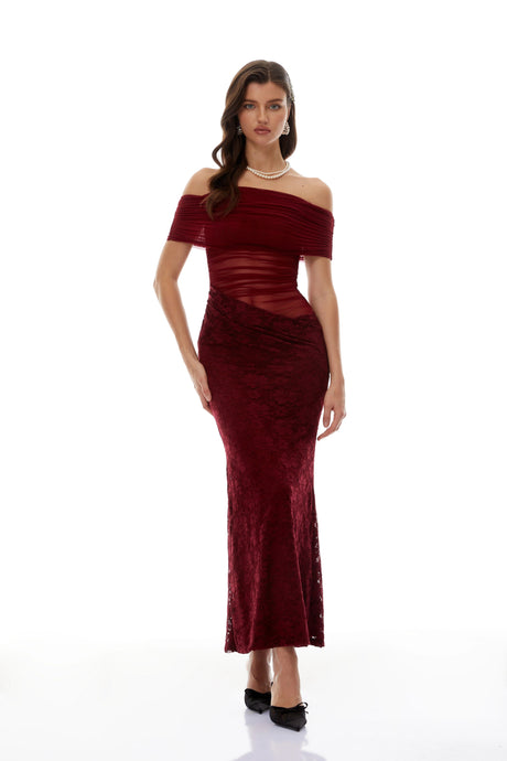 Ornella Midi Dress Red Lace Panel Mesh