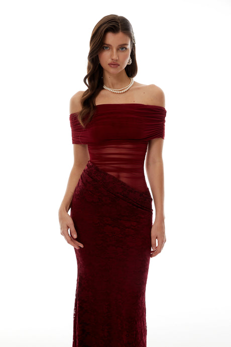 Ornella Midi Dress Red Lace Panel Mesh