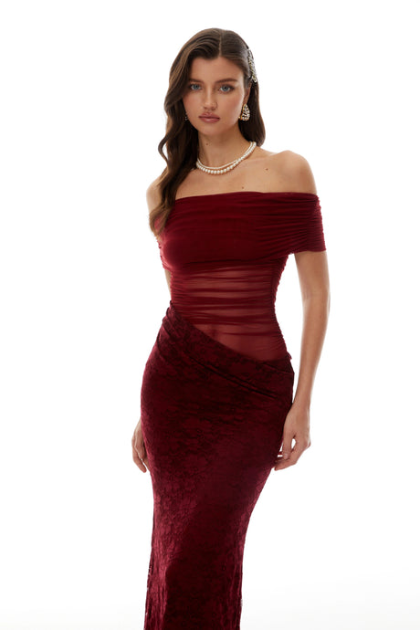 Ornella Midi Dress Red Lace Panel Mesh