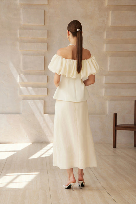 Lorenza White Off Shoulder Shirred Top & Skirt Set