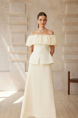 Dianthe White Off Shoulder Shirred Top  Skirt Set
