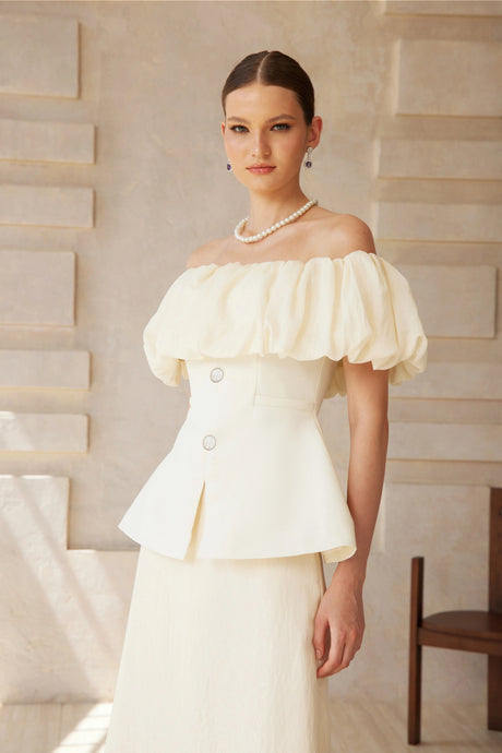 Lorenza White Off Shoulder Shirred Top & Skirt Set