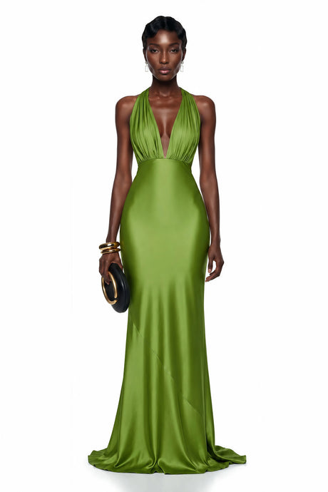 Johanna Maxi Dress Green Plunge Neck Satin