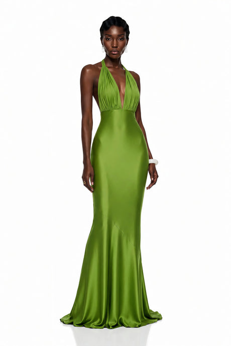 Johanna Maxi Dress Green Plunge Neck Satin