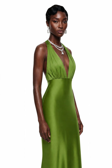 Johanna Maxi Dress Green Plunge Neck Satin