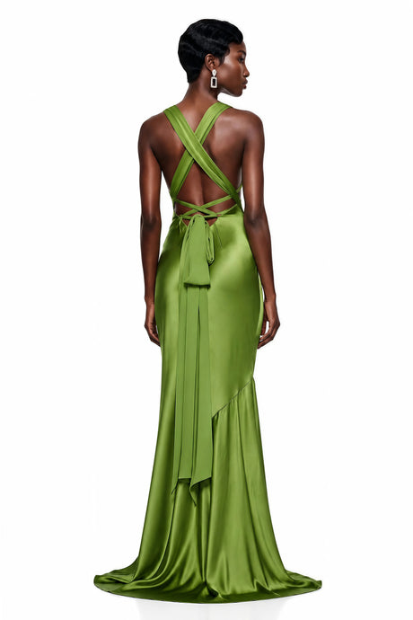 Johanna Maxi Dress Green Plunge Neck Satin