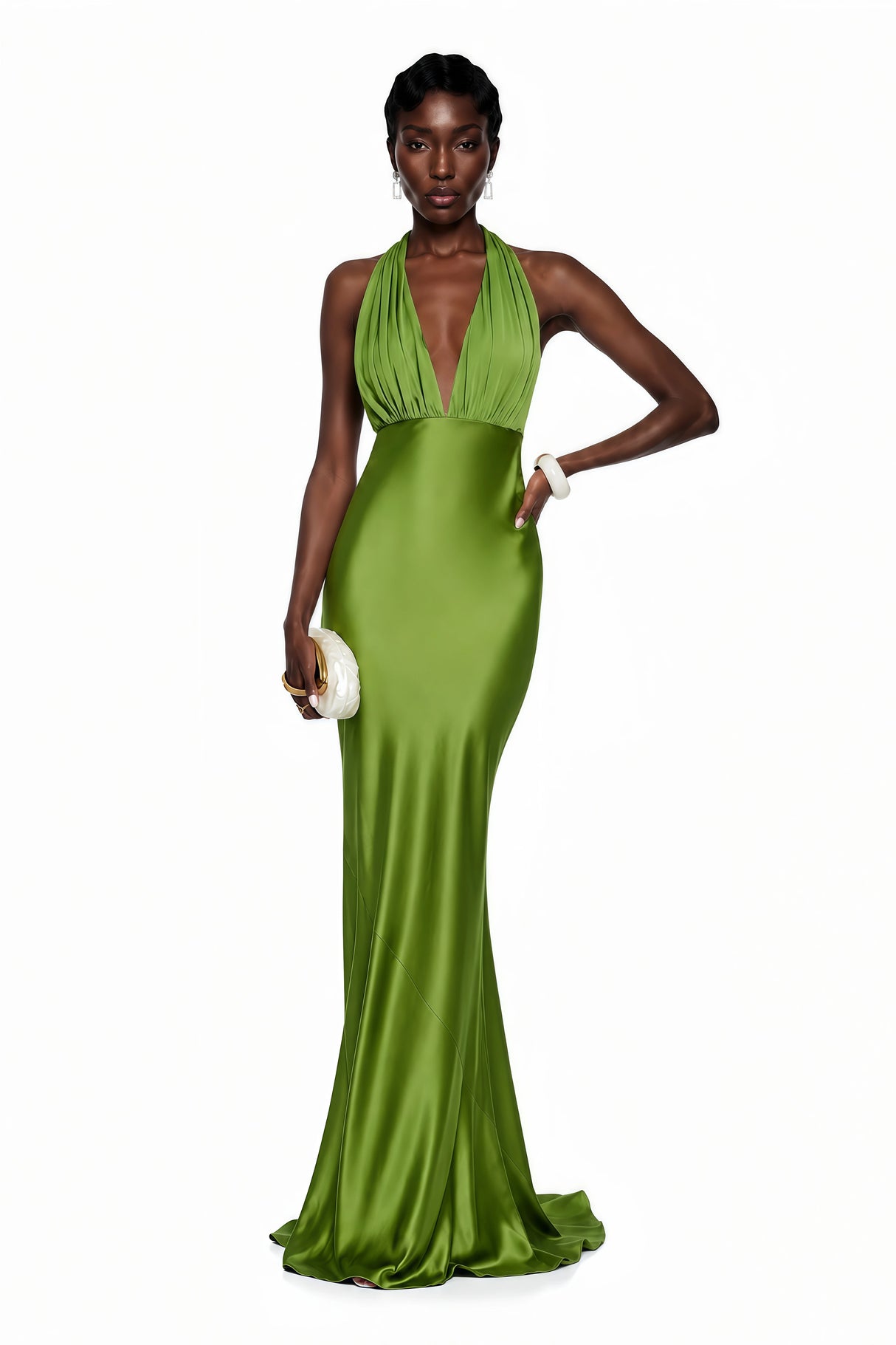 Didem Green Plunge Neck Satin Maxi Dress