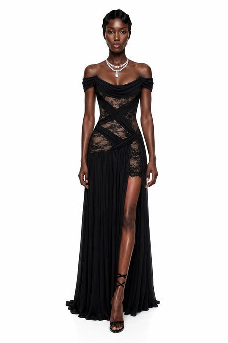 Dylan Maxi Dress Black Cross Front with Lace Panels